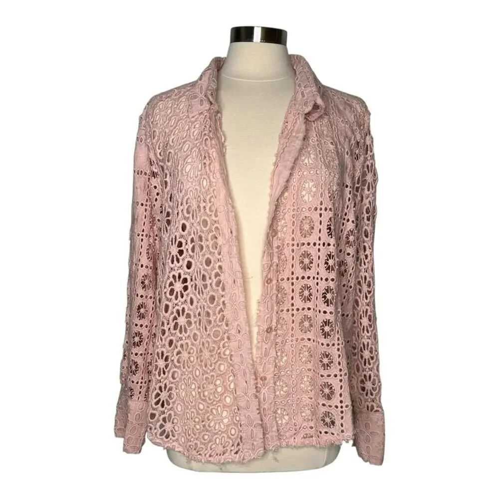 Free People One Yesenia Shacket Top Eyelet Button Down Pink Large